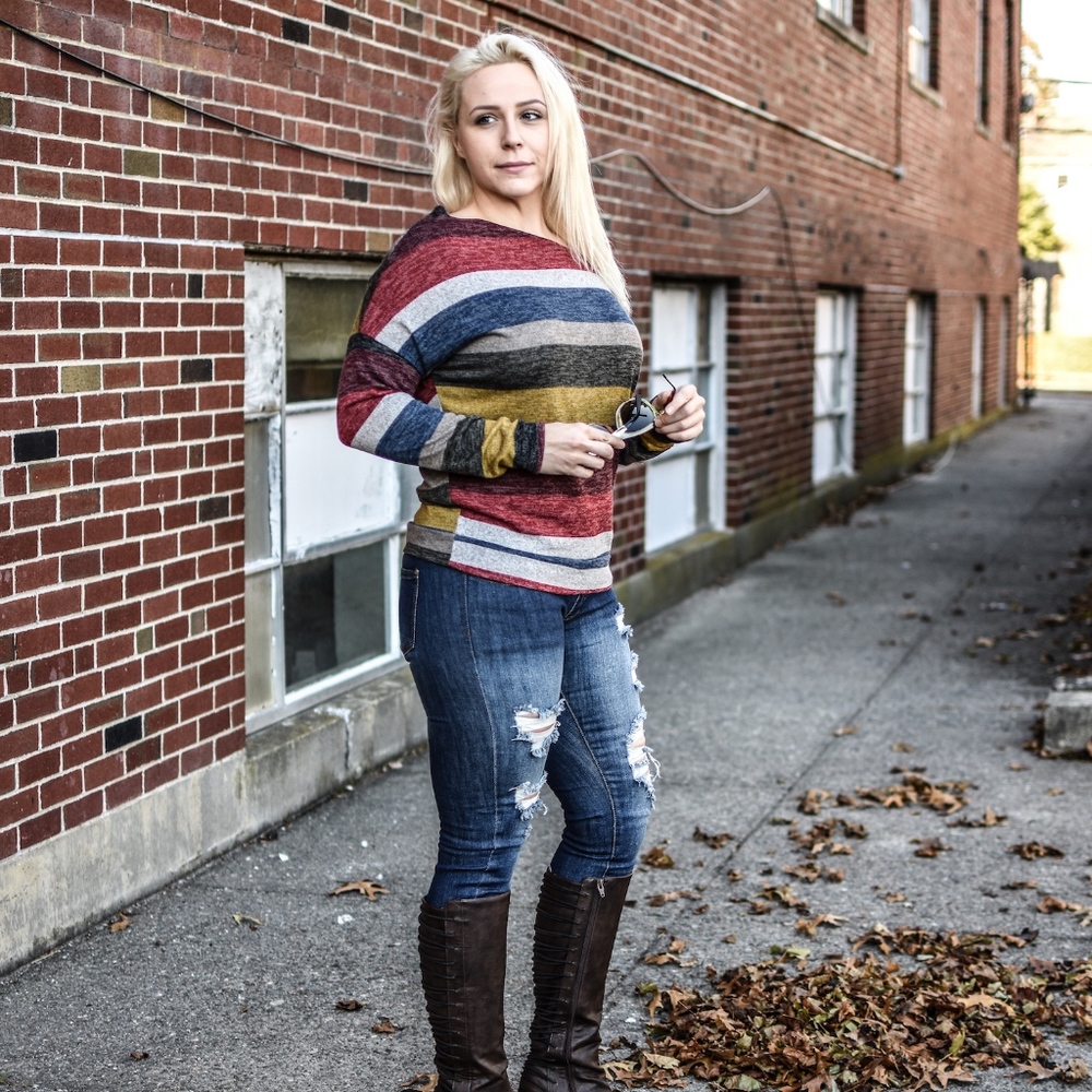 Marled Stripe Off the Shoulder Sweater